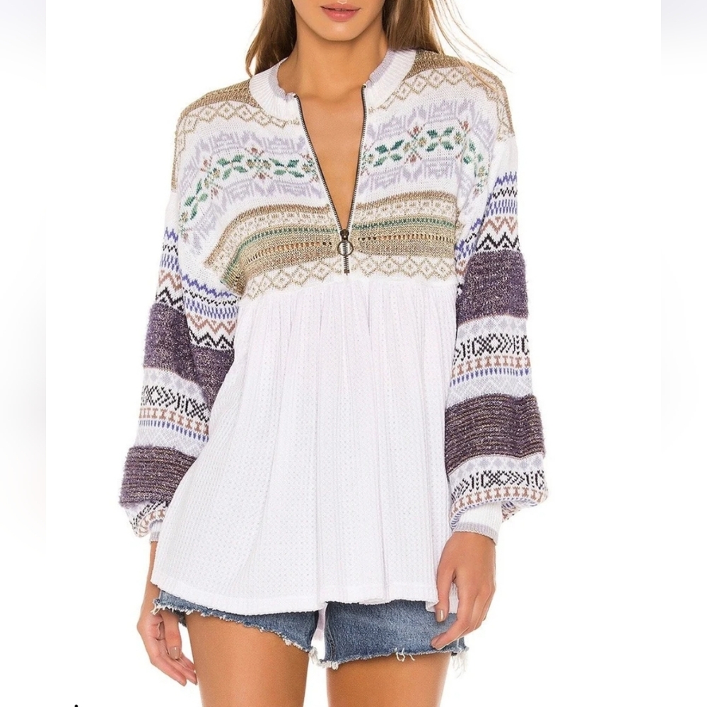 Free People Cabin Fever Swit Sweater Long Sleeve Half Zip  Metallic White Sm NWT - Picture 16 of 16